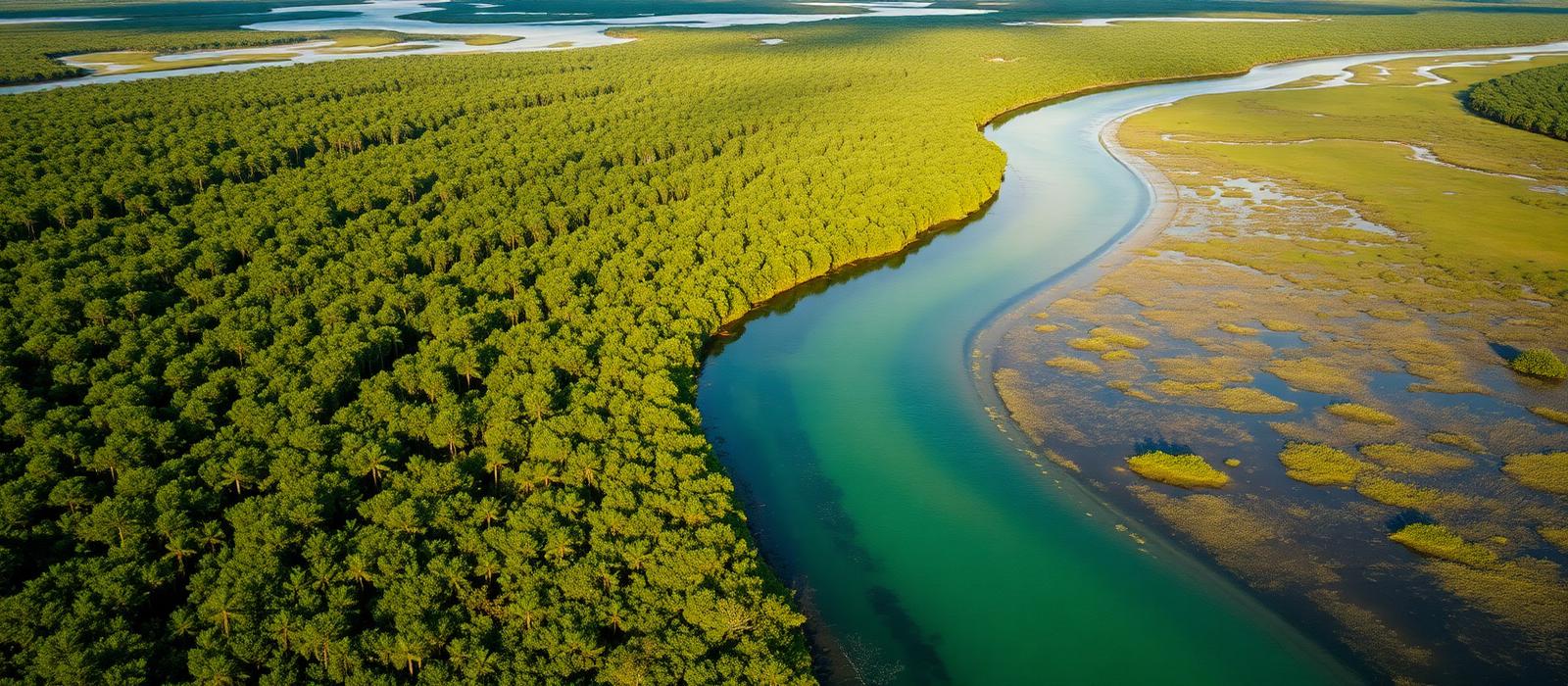 Aerial view of a Florida spring run winding through cypress wetlands and coastal marsh